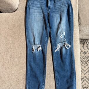 KanCan Distressed Flare Jeans in Dark Blue